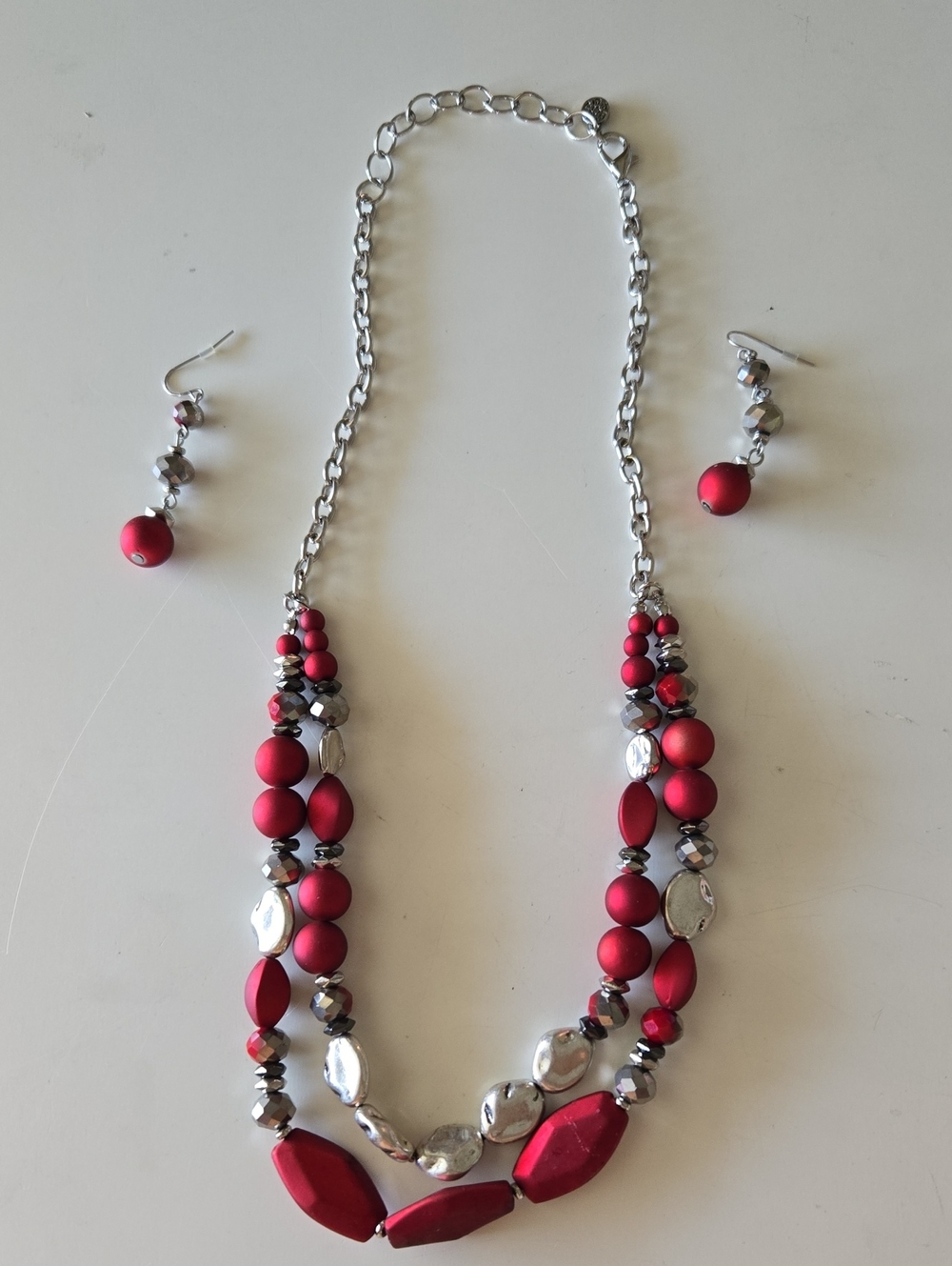 Red Beaded Multi-Strand Necklace & Earring Set - Women Jewelry